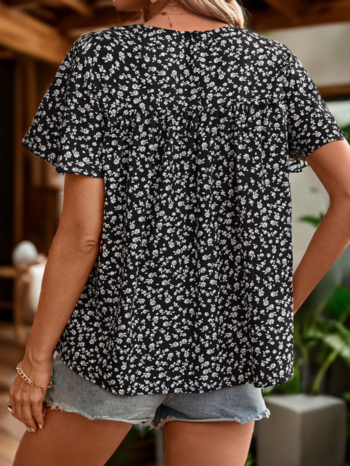 Perfee Lace Detail Floral Round Neck Short Sleeve Blouse