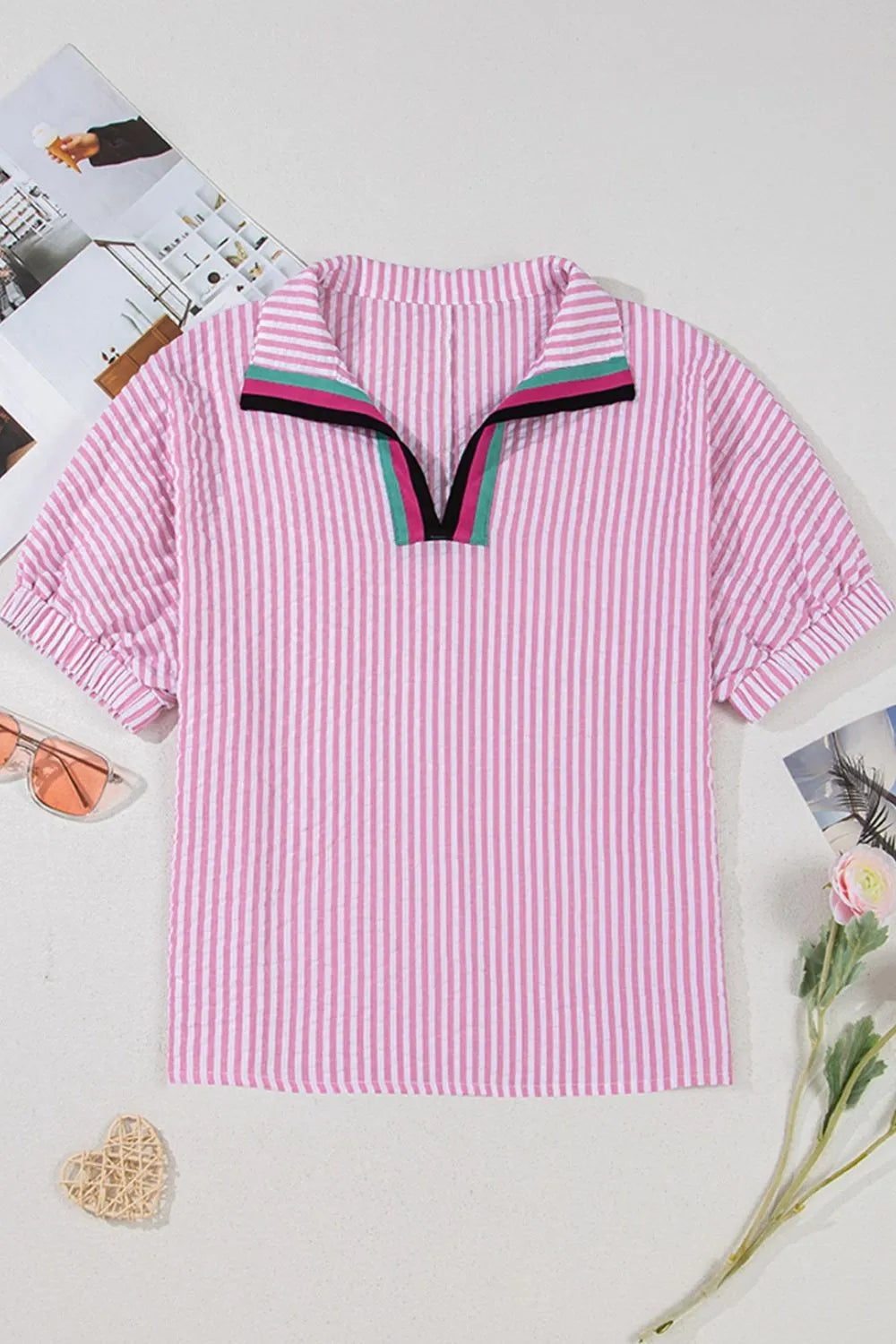 Striped Print Contrast Split Neck Dolman Sleeve Blouse