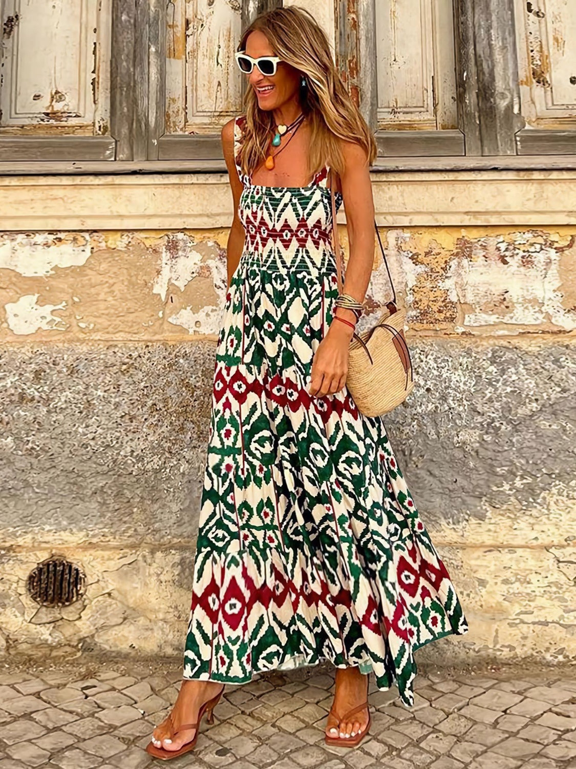 Smocked Printed Square Neck Sleeveless Dress Dark Green