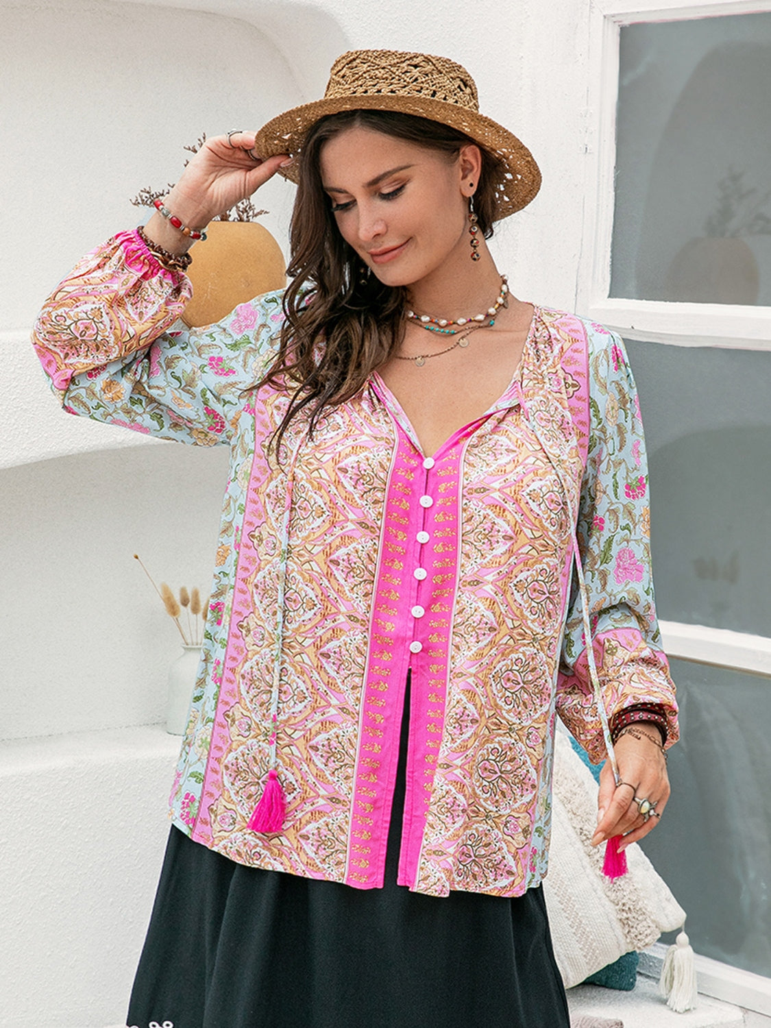 Plus Size Tie Neck Tassel Printed Blouse Floral