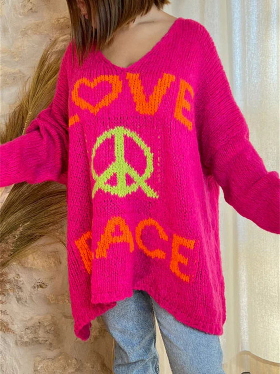 Peace Graphic V-Neck Long Sleeve Sweater Deep Rose