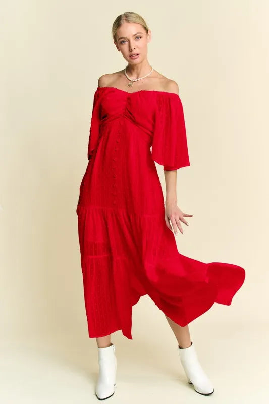 Davi & Dani Swiss Dotted Ruched Ruffle Open Back Midi Dress