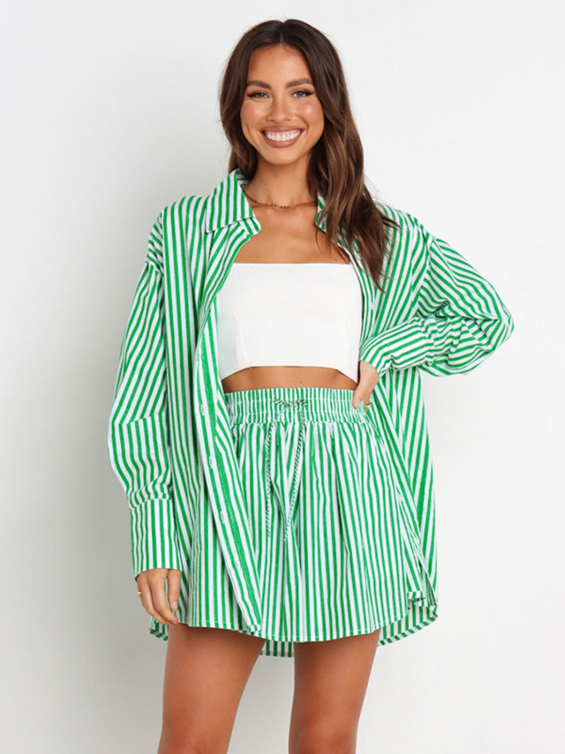 Striped Dropped Shoulder Shirt and Shorts Set Green