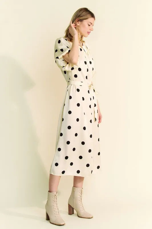 Davi & Dani Polka Dot Puff Sleeves Waist Tie Midi Dress