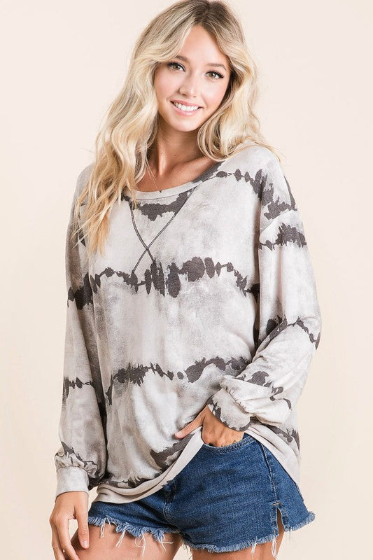 BiBi Tie-Dye French Terry Round Neck Long Sleeve T-Shirt