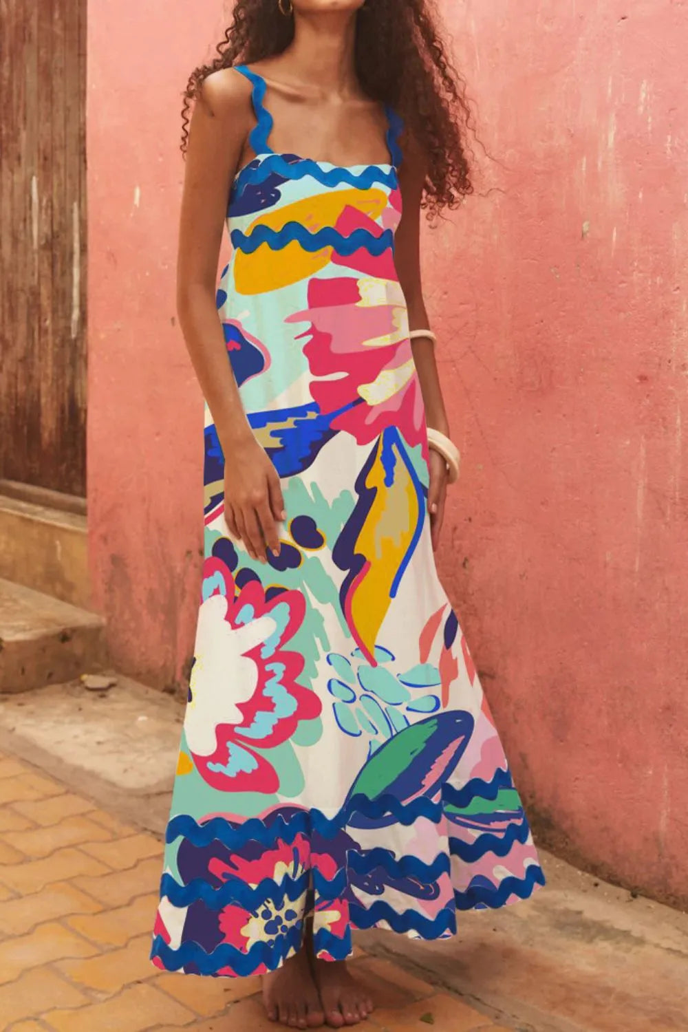 Printed Square Neck Wide Strap Dress Pink