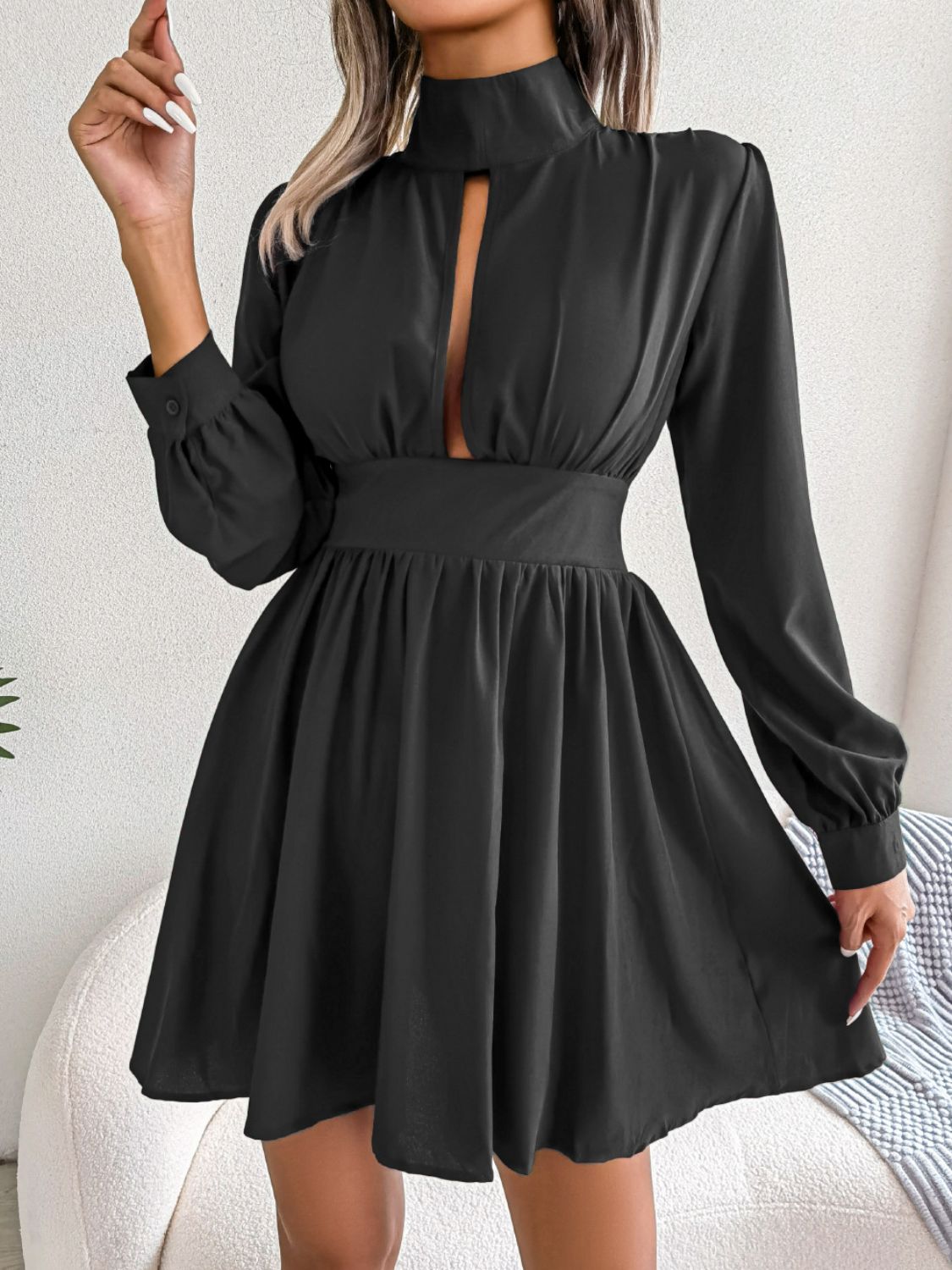Cutout Turtleneck A-Line Mini Dress Black