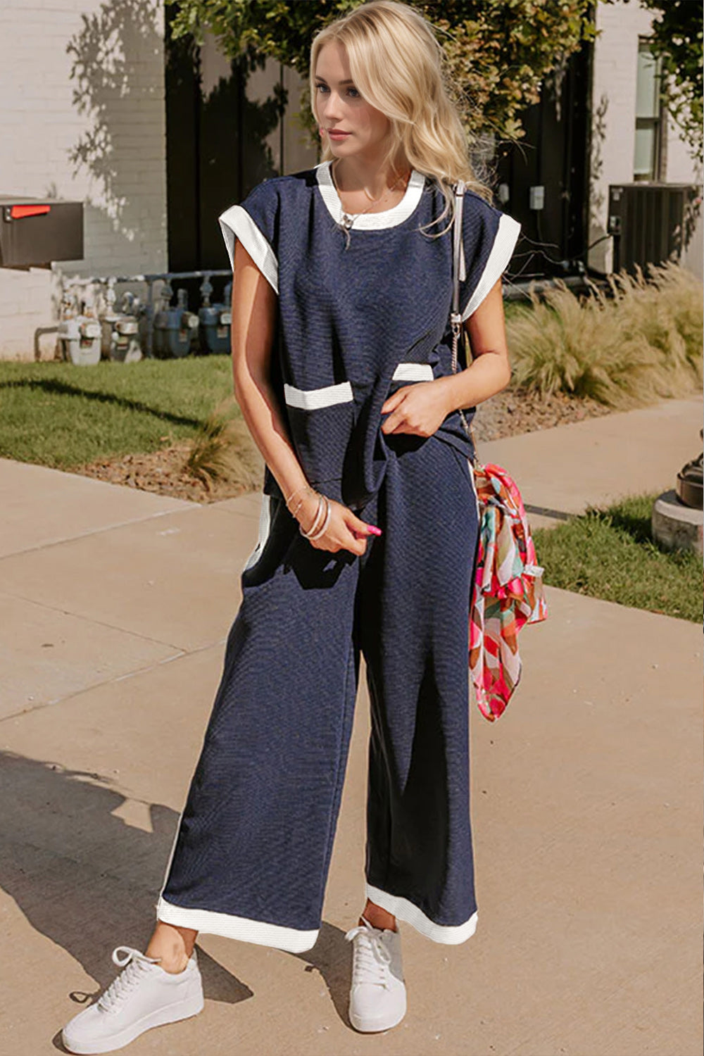 Oh Texture Contrast Trim Round Neck Cap Sleeve Top and Pants Set Navy