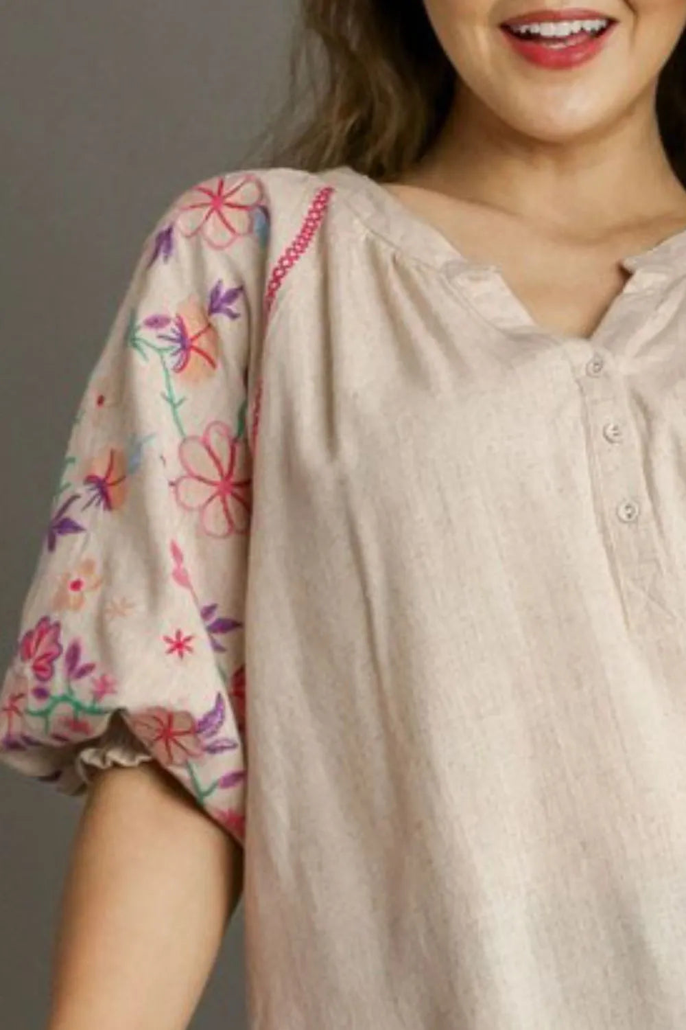 Umgee Full Size Half Button Top with Embroidery Sleeves Plus Size