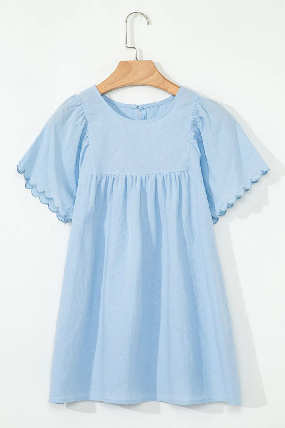 Solid Color Embroidered Scalloped Sleeves Crew Neck Blouse