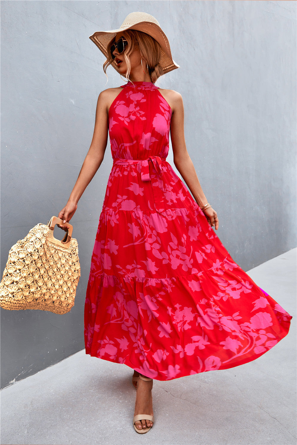Printed Sleeveless Tie Waist Maxi Dress Rose Floral