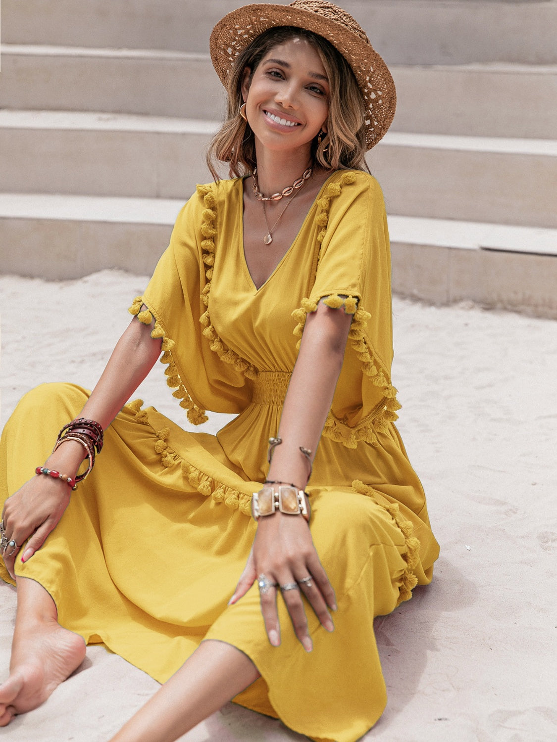 Tassel Trim Smocked V-Neck Short Sleeve Dress Honey