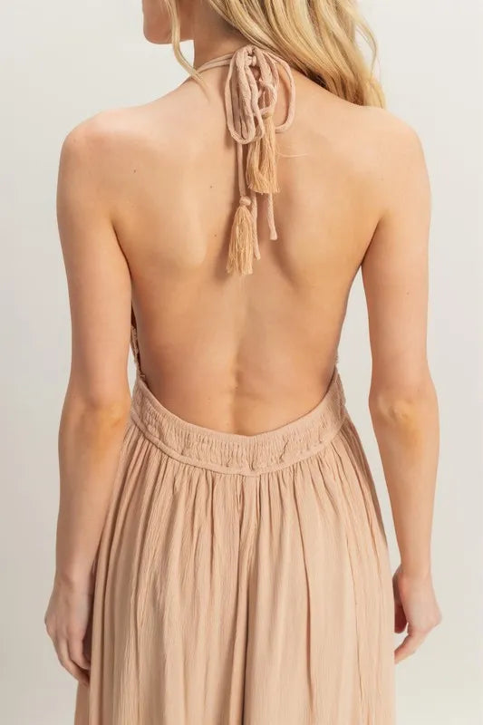 HYFVE Halter Neck Fitted Waist Flowy Maxi Dress