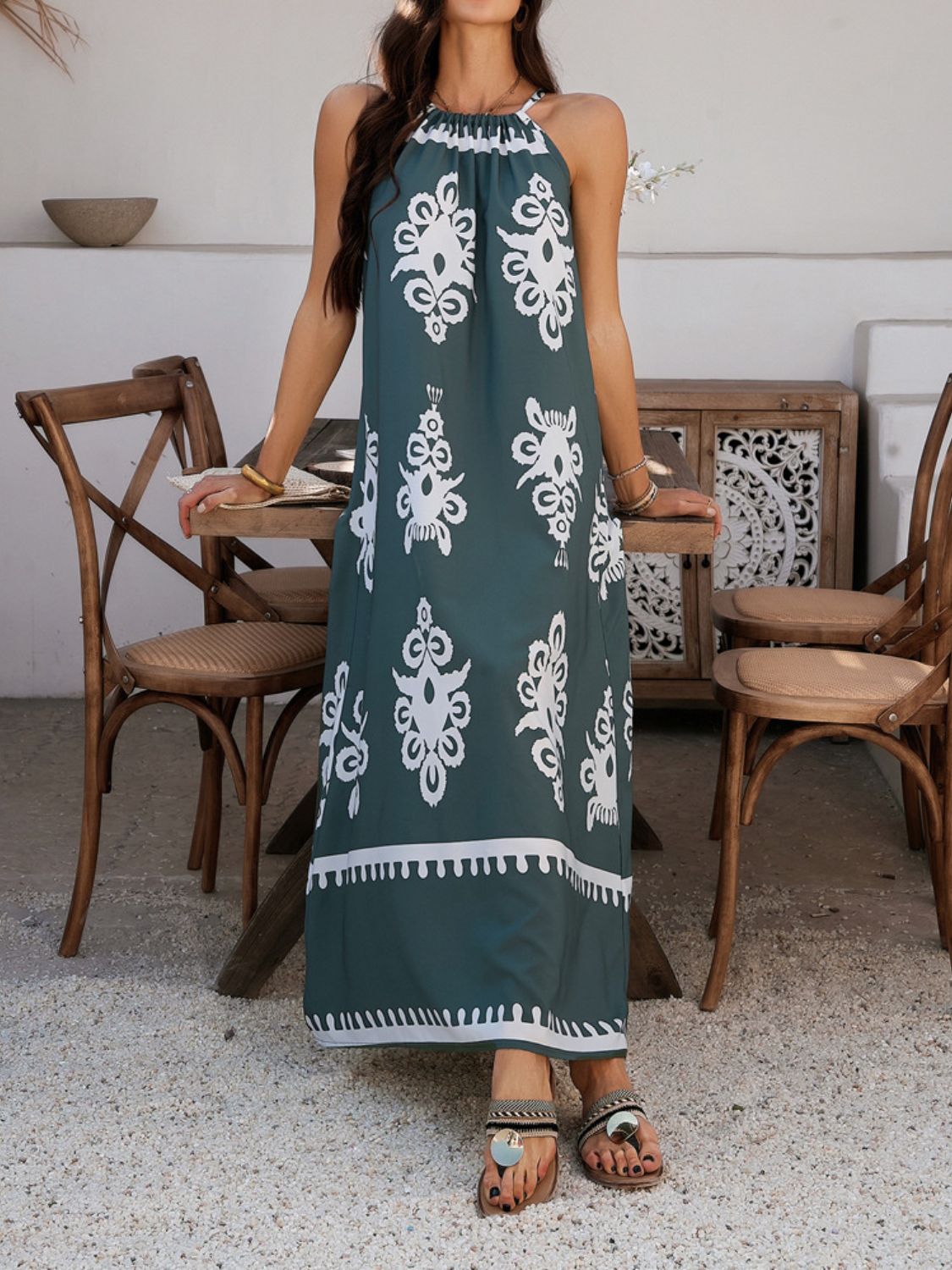 Devine Grecian Neck Printed Maxi Dress
