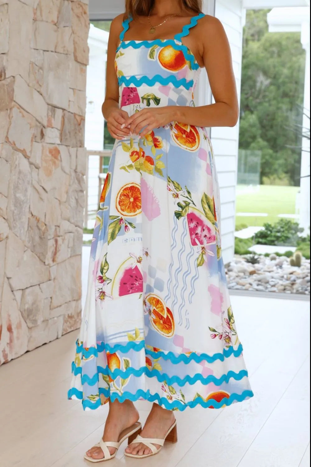 Printed Square Neck Wide Strap Dress Multicolor
