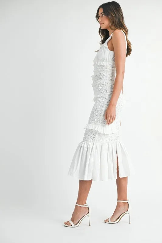 MABLE Ruffled Popcorn Smocked Mermaid Midi Dress