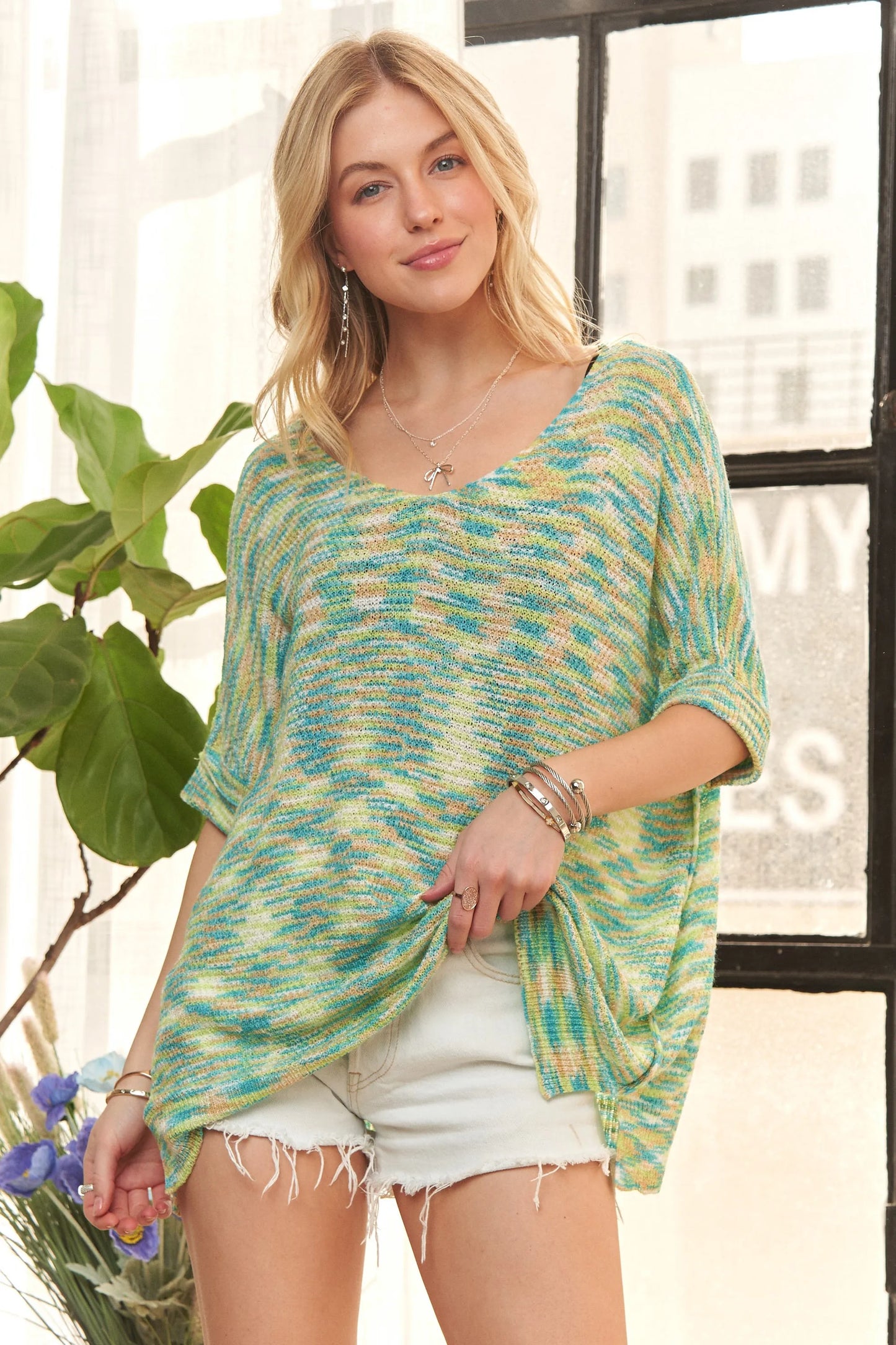 ADORA Multi Color Lightweight Sweater Top BLUE