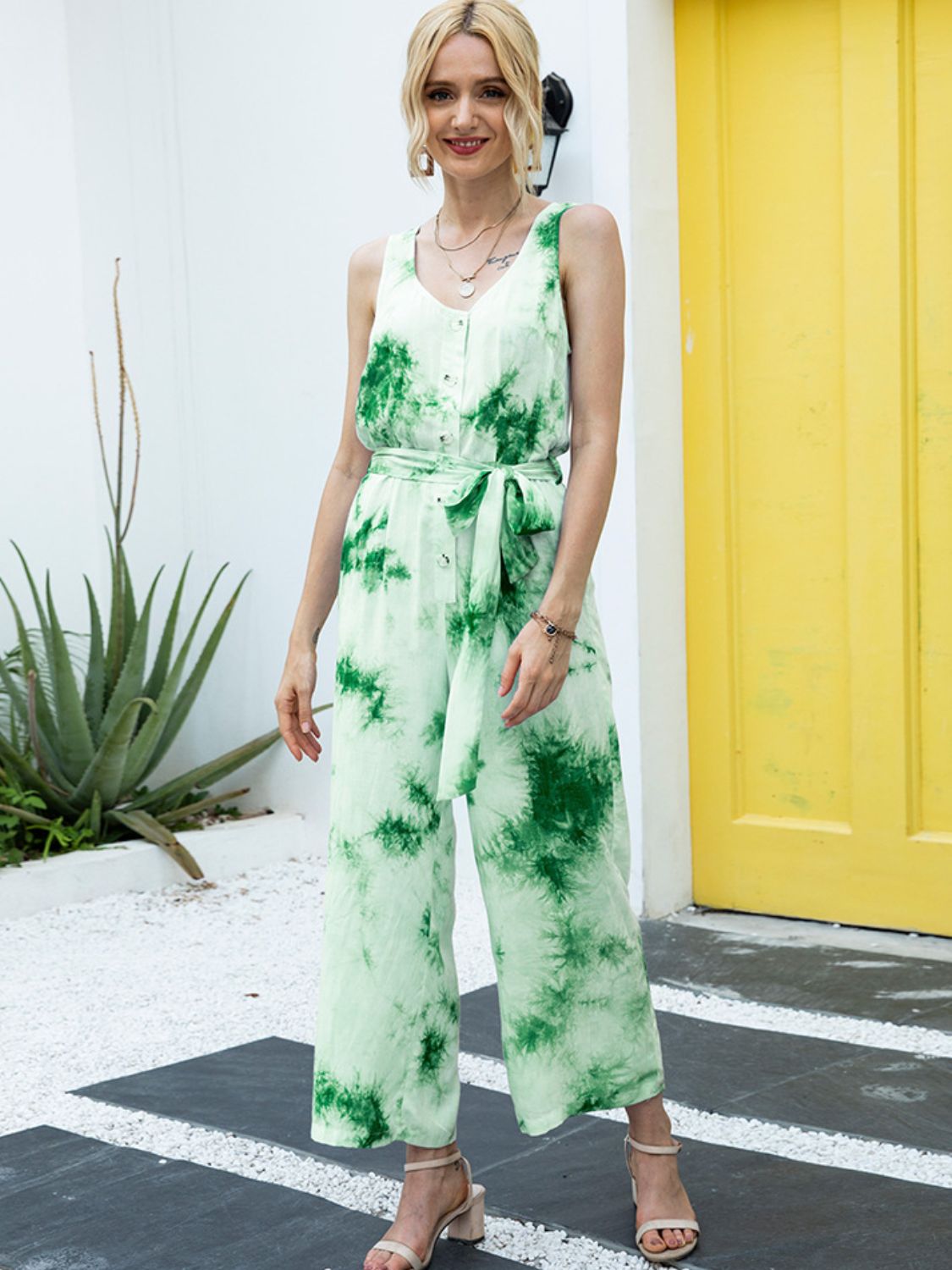 Ivy Lane Tie-Dye Tie Waist Sleeveless Jumpsuit Green