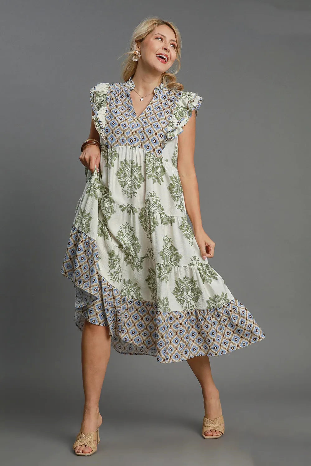 Umgee Full Size Mixed Print Ruffle Cap Sleeve Midi Dress Plus Size