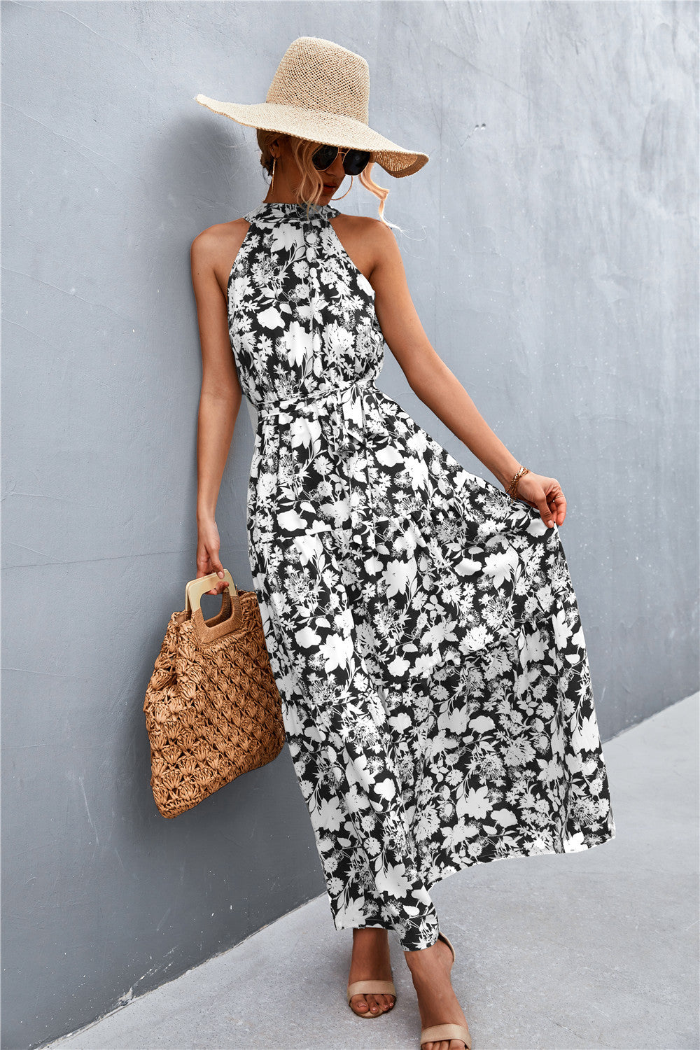 Printed Sleeveless Tie Waist Maxi Dress Black White Floral
