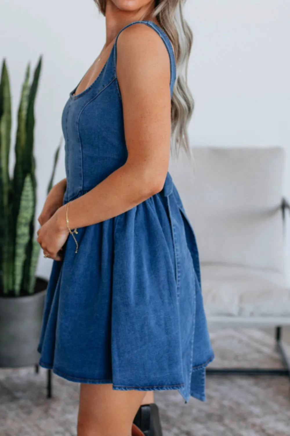 V-Back Bow Tie Denim Skater Dress
