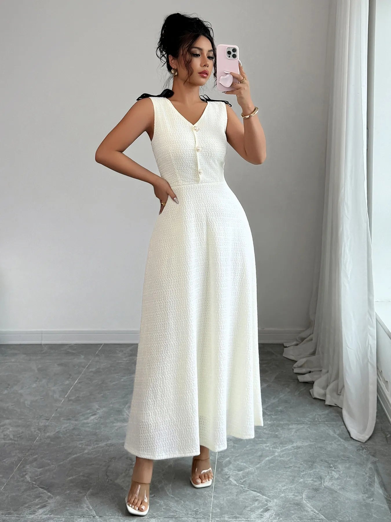 Buttoned Sleeveless Maxi Tank Dress White