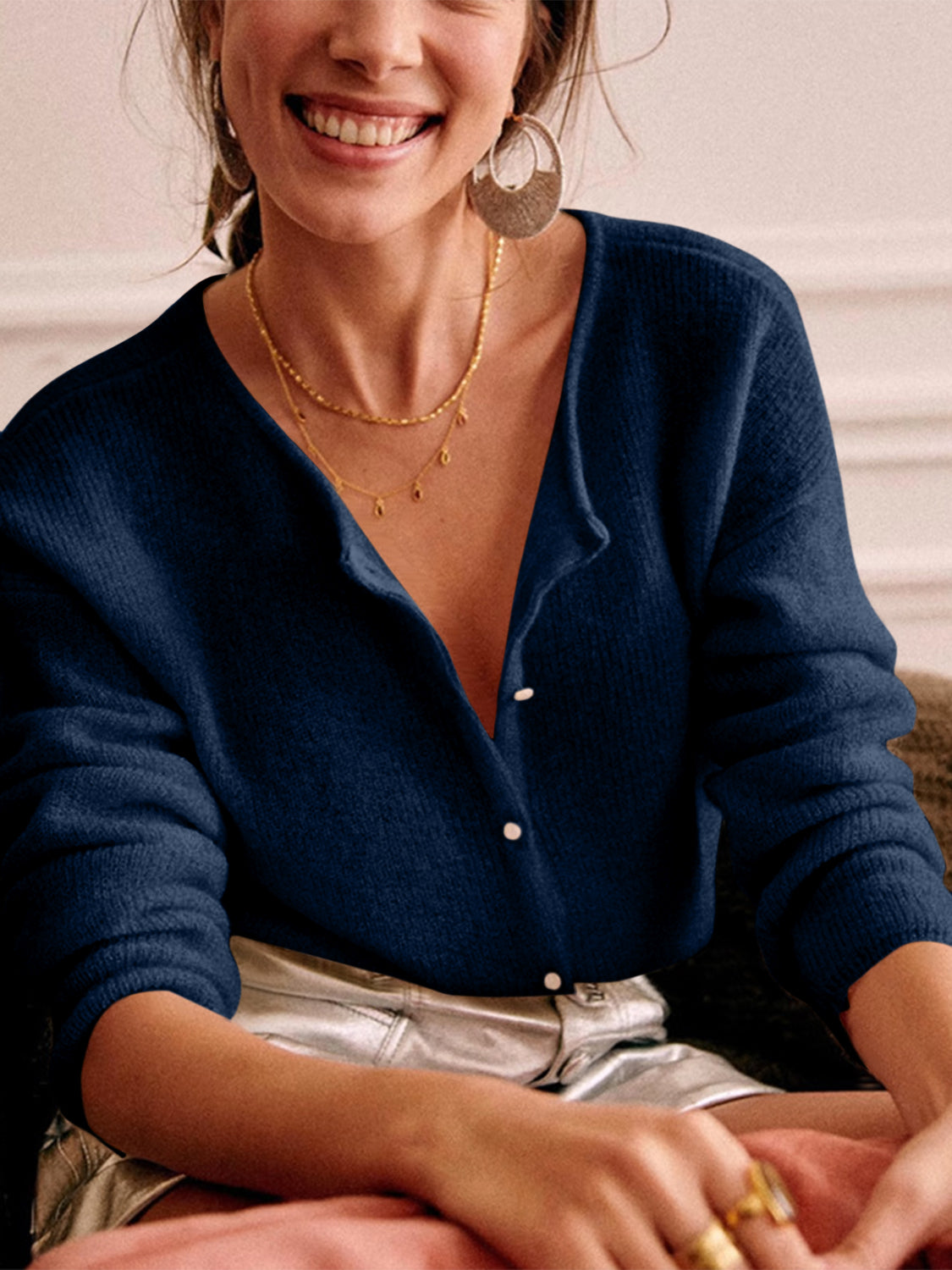 Button Down Long Sleeve Sweater Dark Blue