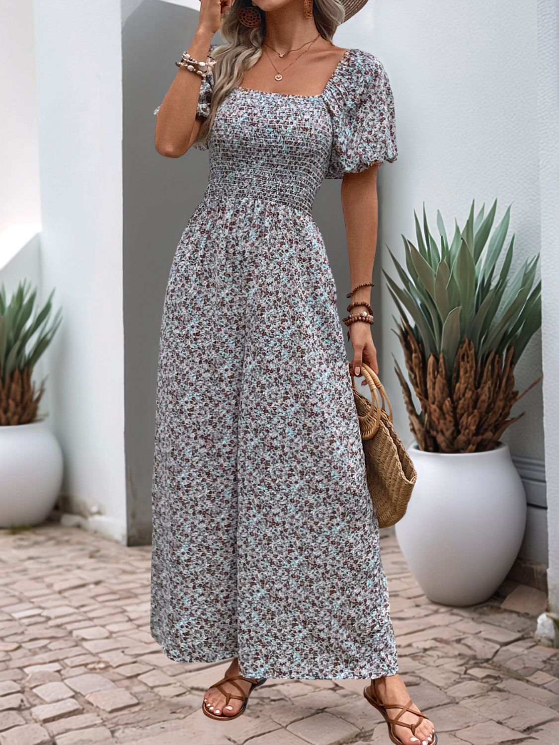 Perfee Ditsy Floral Smocked Square Neck Puff Sleeve Jumpsuit Light Blue