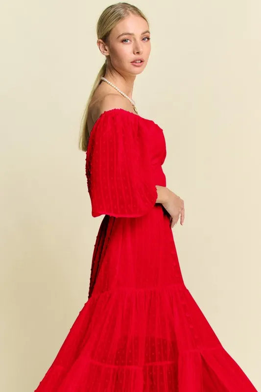 Davi & Dani Swiss Dotted Ruched Ruffle Open Back Midi Dress