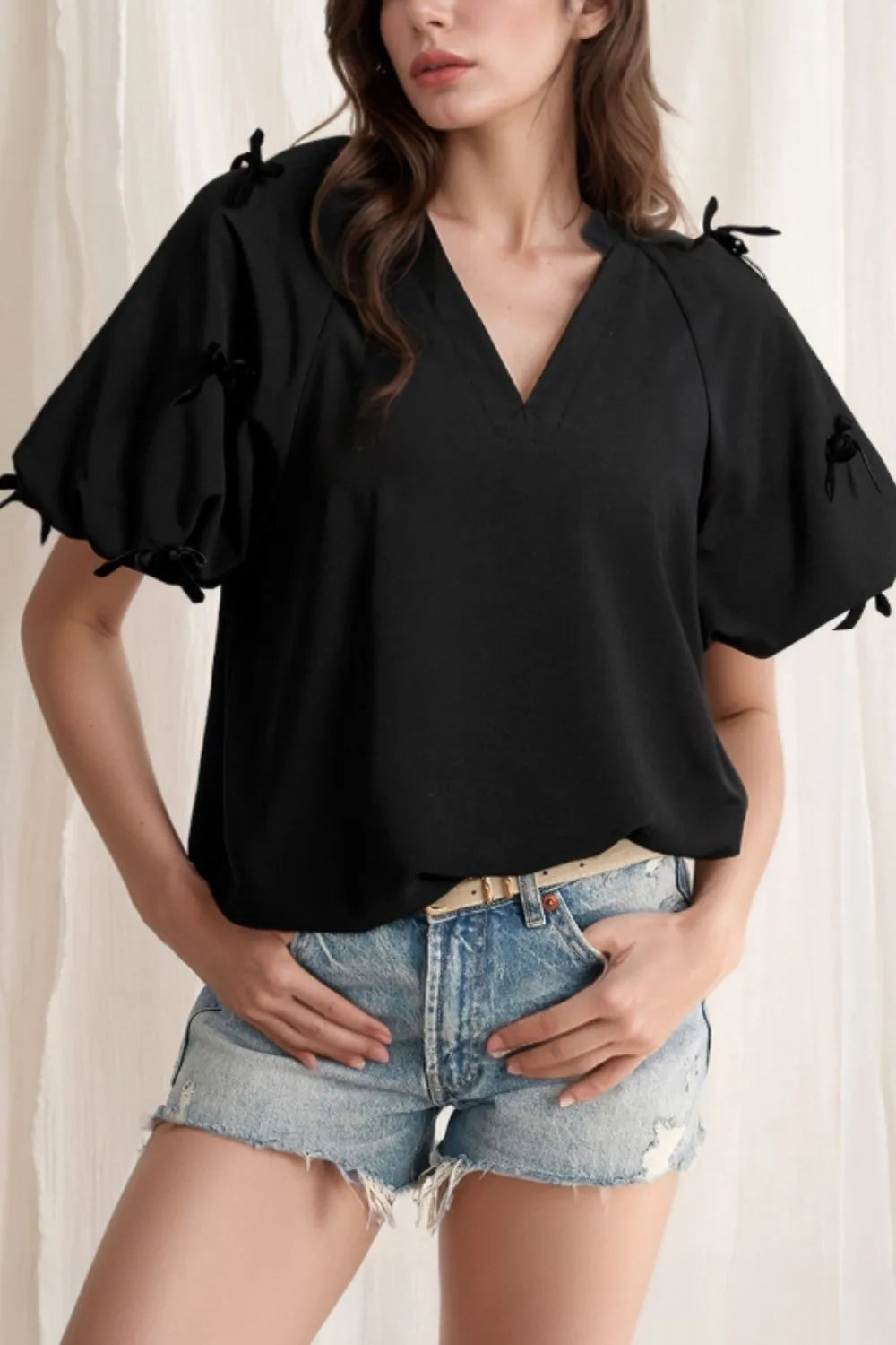 Bow Decor Puff Sleeve Blouse Black