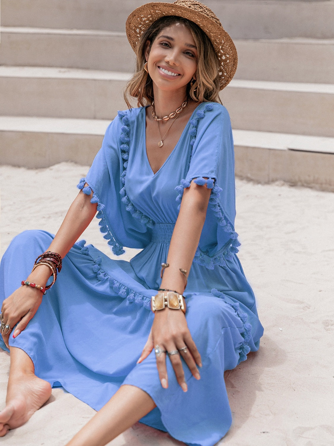 Tassel Trim Smocked V-Neck Short Sleeve Dress Sky Blue