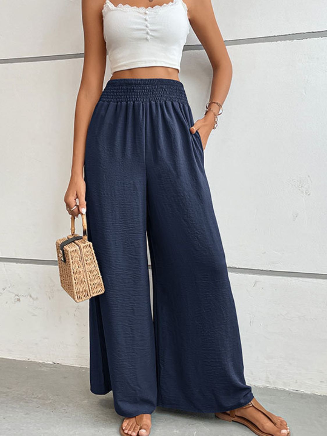 Perfee Wide Waistband Relax Fit Long Pants Dark Blue
