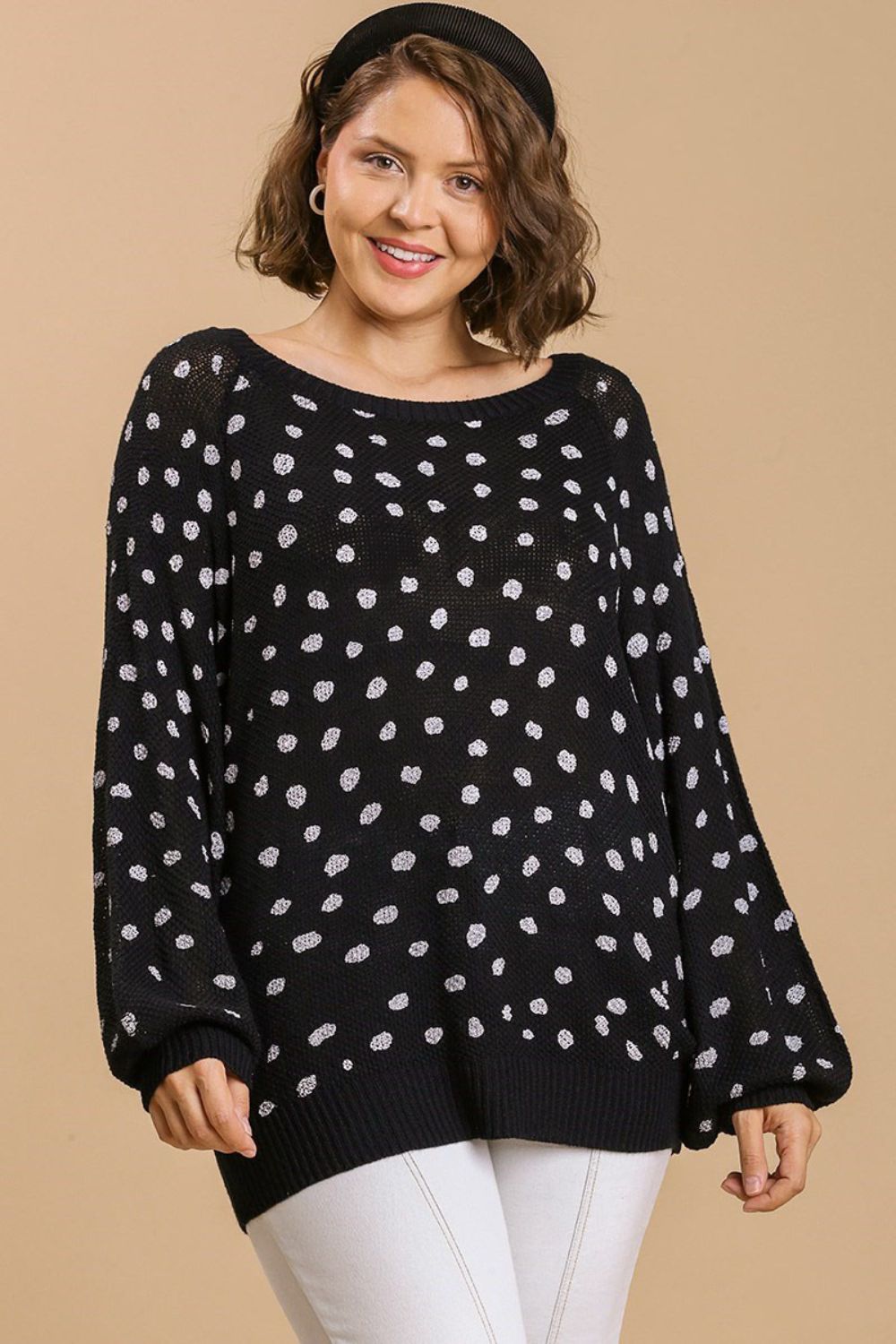 Umgee Full Size Dalmatian Hand Stamped Round Neck Sweater Plus Size