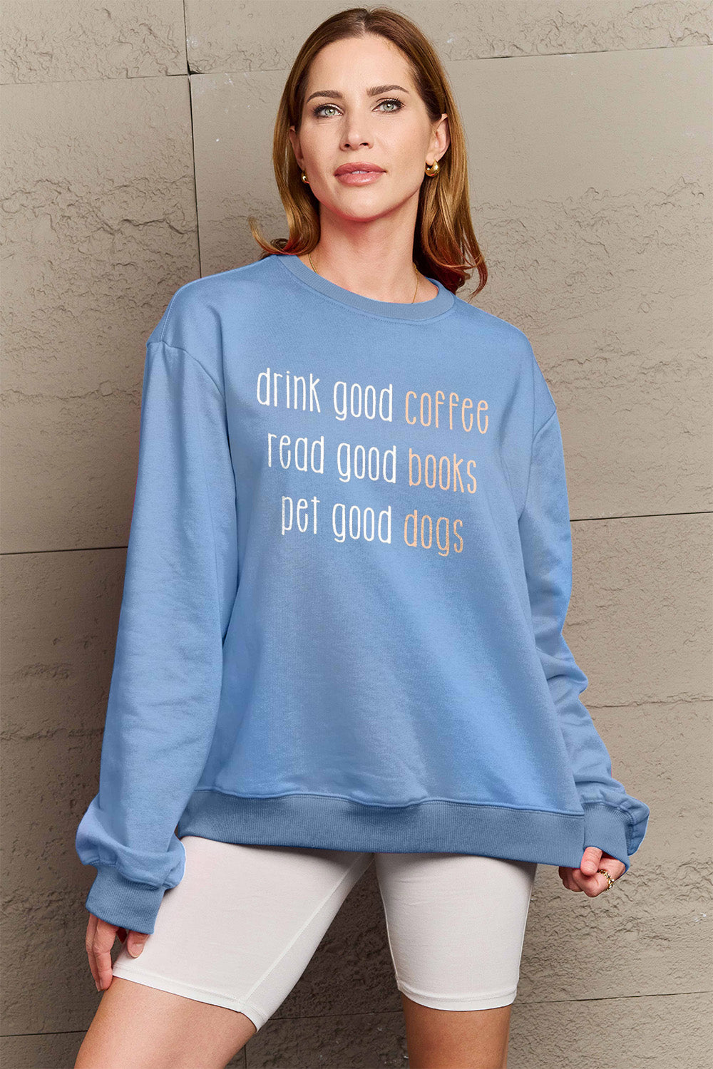 Simply Love Full Size Letter Graphic Round Neck Sweatshirt Light Blue