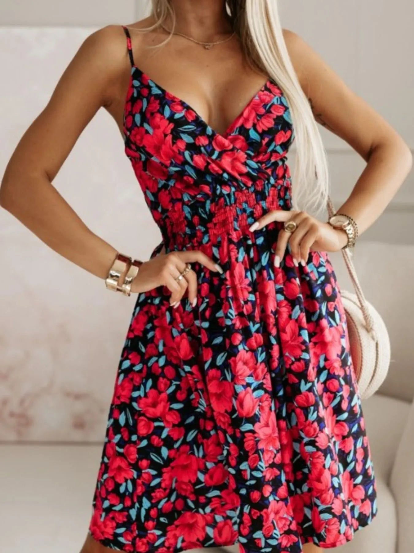 Tropical Print Spaghetti Strap Mini Dress Red Flower