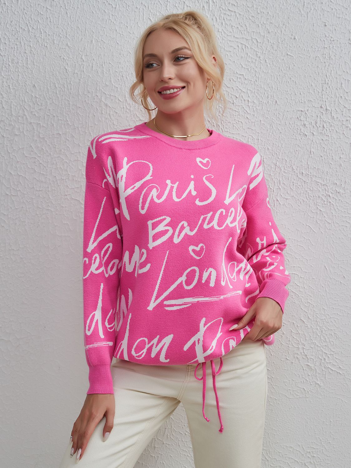 Drawstring Hem Letter Pattern Round Neck Dropped Shoulder Sweater Fuchsia Pink One Size