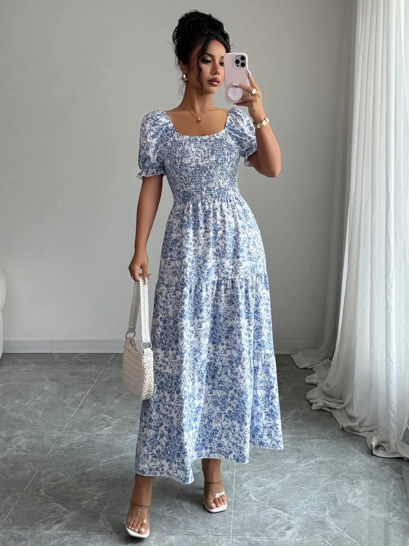 Smocked Printed Short Sleeve Dress Light Blue