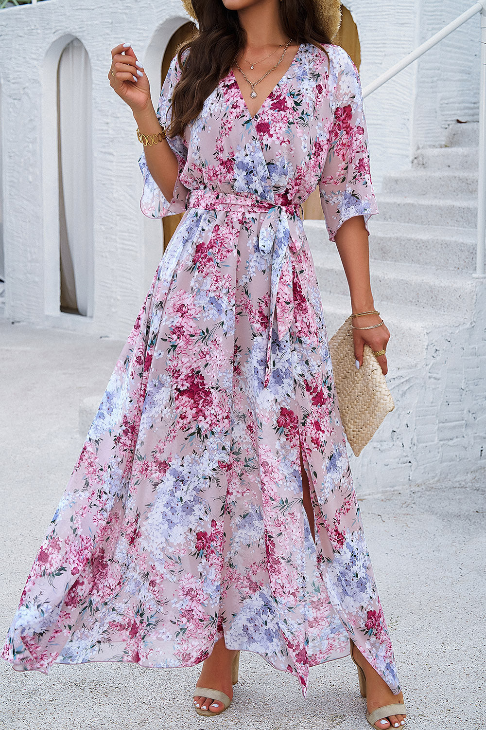 Devine Printed Tied Half Sleeve Slit Dress Blush Pink