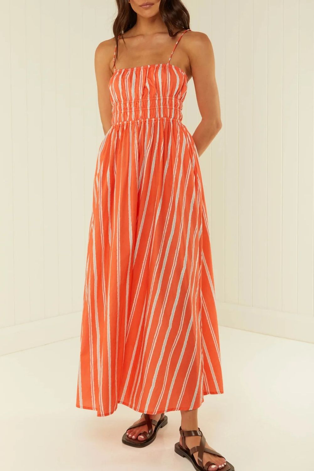 Striped Square Neck Cami Dress Orange