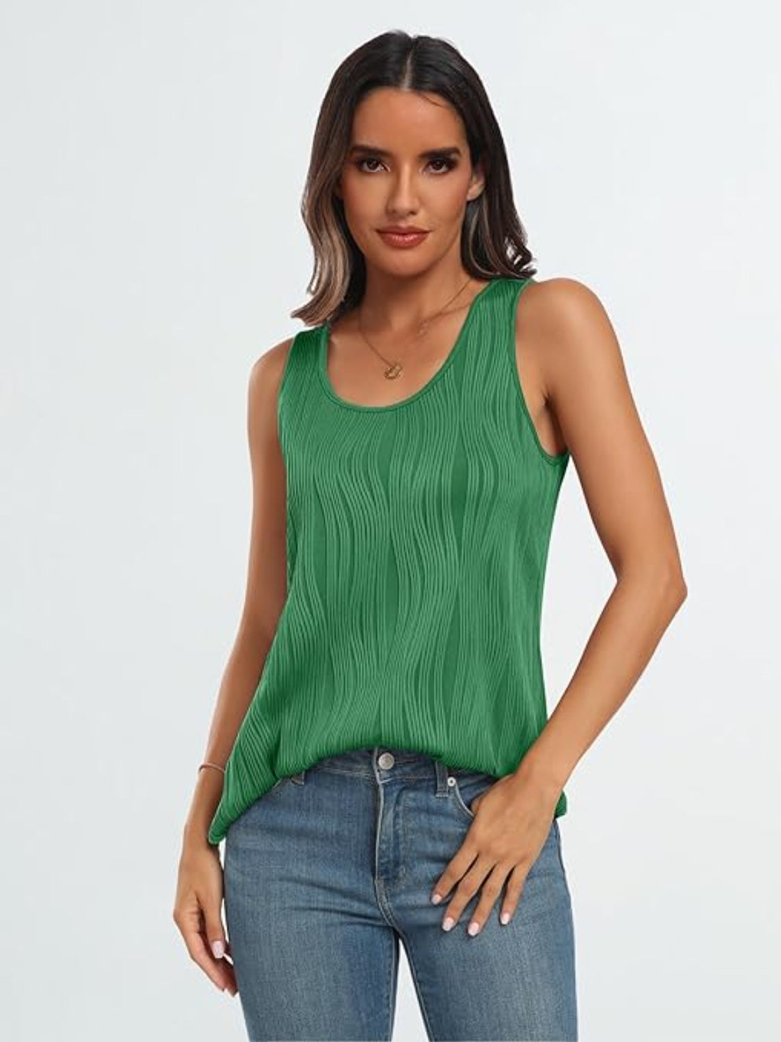 Round Neck Wide Strap Tank Dark Green