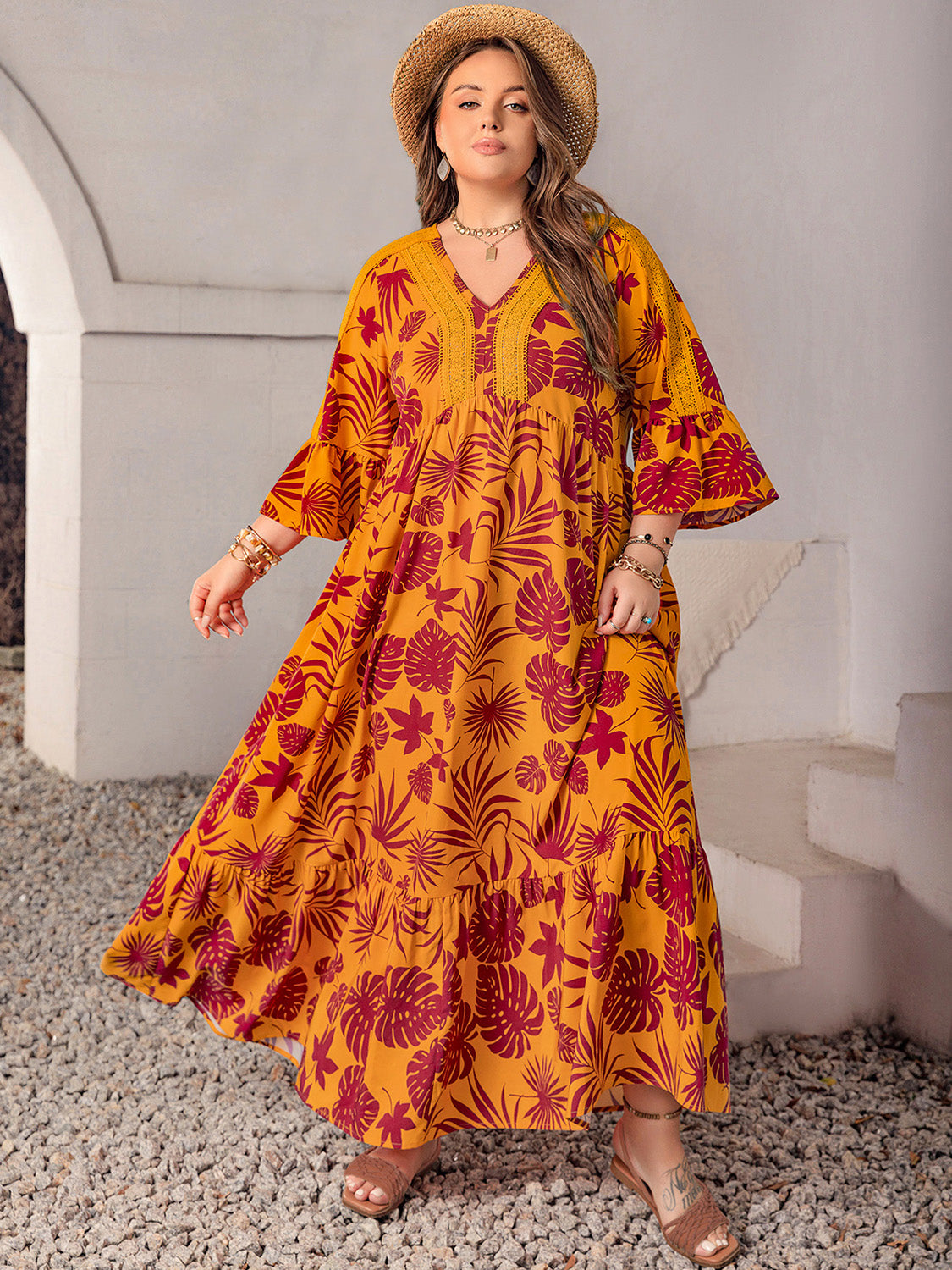Plus Size Lace Detail Printed V-Neck Maxi Dress Tangerine
