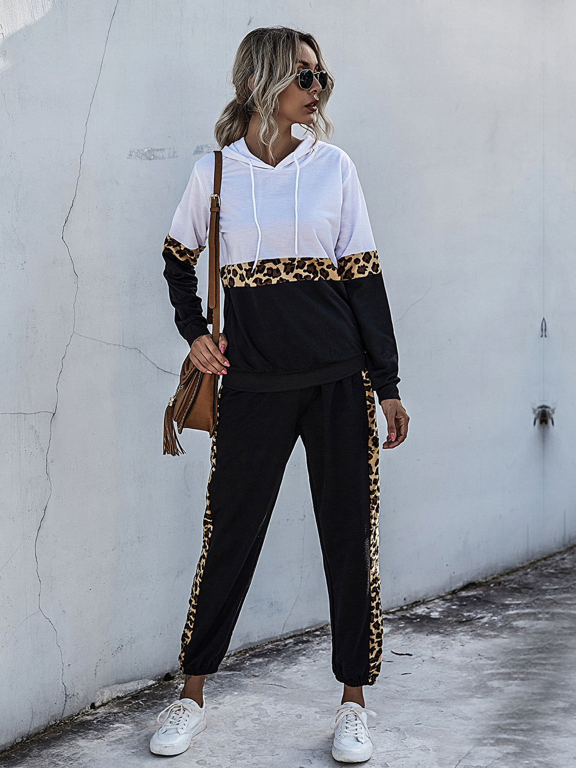 Perfee Contrast Long Sleeve Hooded Top and Joggers Set White