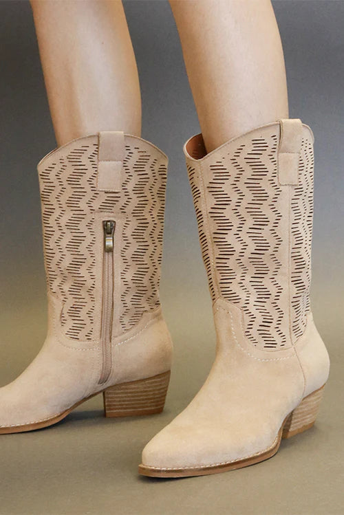 Beast Fashion Faux Suede Laser Cut Detail Block Heel Boots Tan