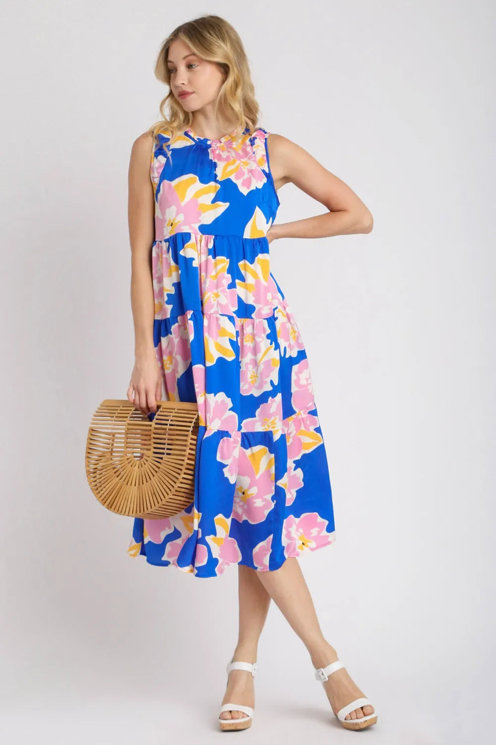 Umgee Full Size Floral Tiered Midi Tank Dress Plus Size Royal Blue