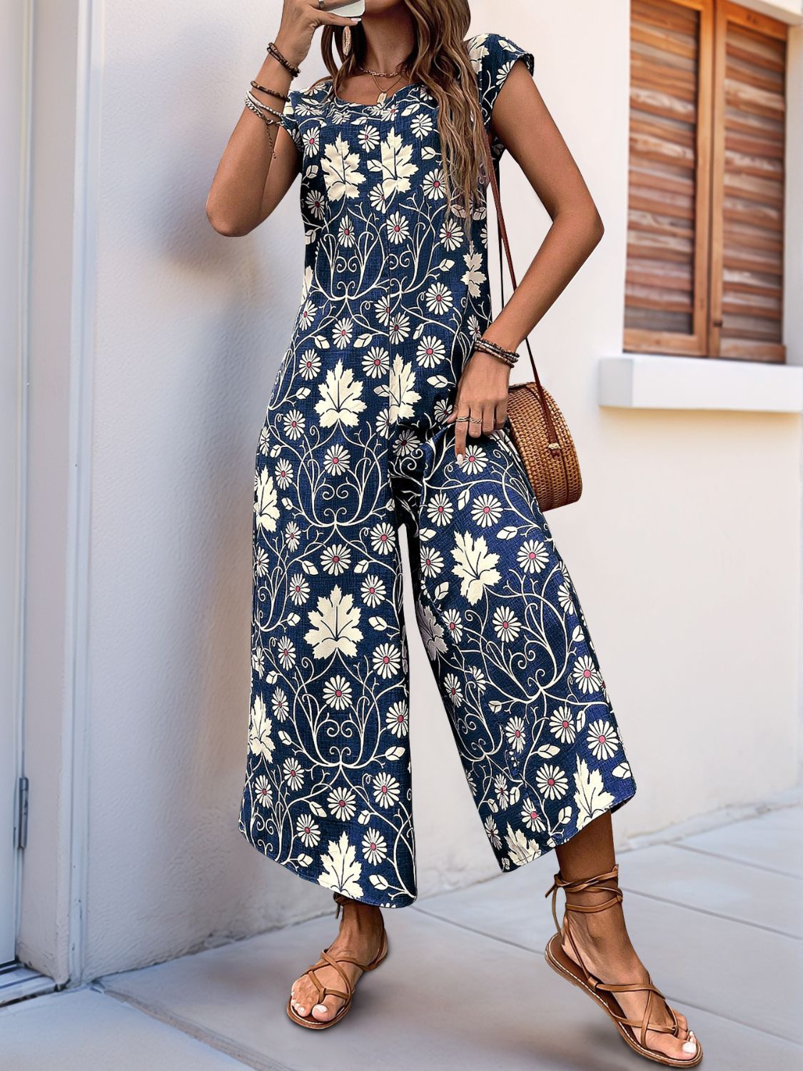 Perfee Printed Round Neck Cap Sleeve Wide Leg Jumpsuit Navy