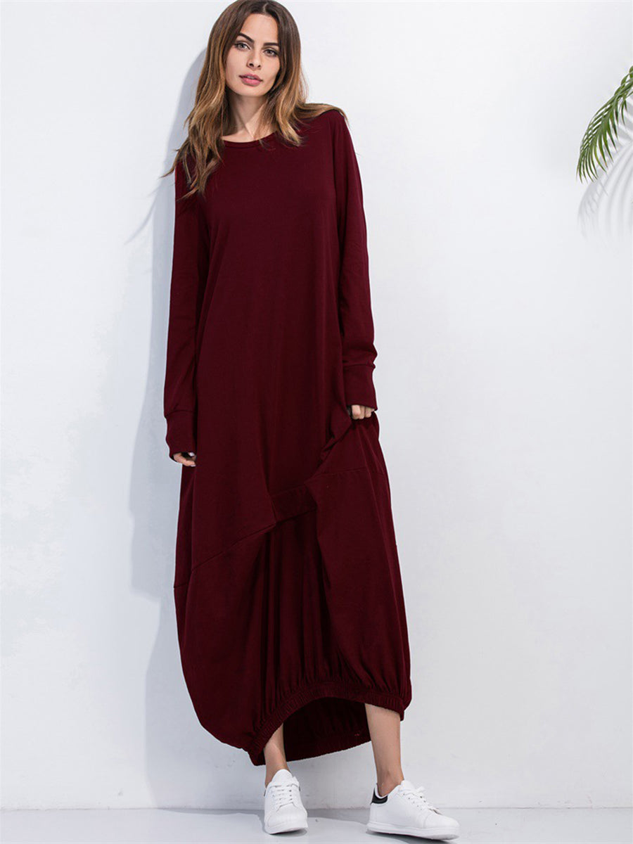 Full Size Round Neck Long Sleeve Sweatshirt Dress Burgundy