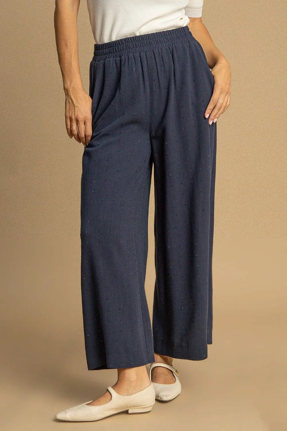 Umgee Full Size High Waisted Embellished Linen Pants Plus Size Dark Blue
