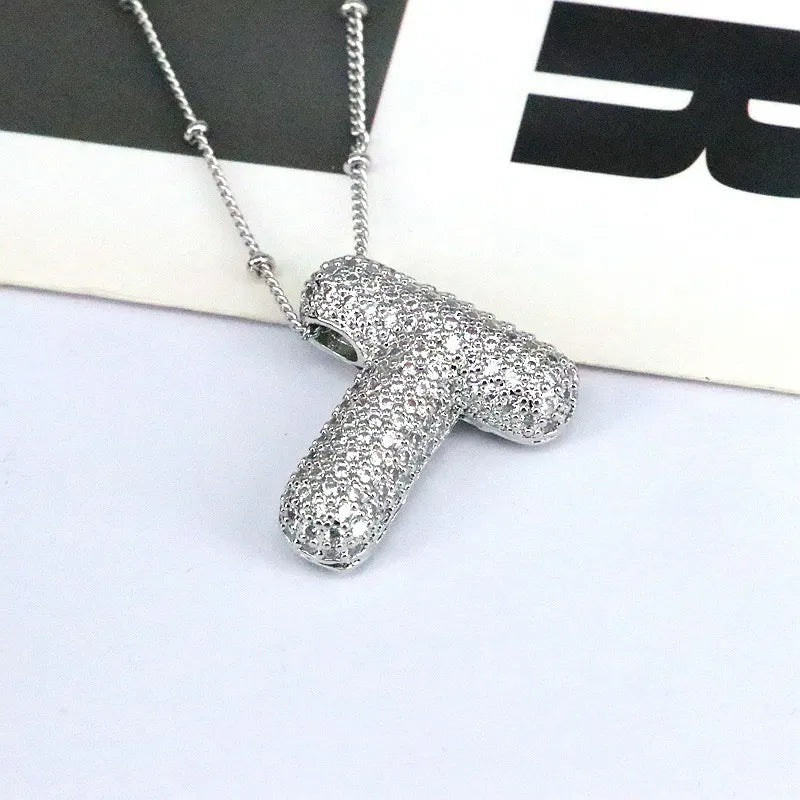 Copper Inlaid Zircon Letter Pendant Necklace Style T One Size