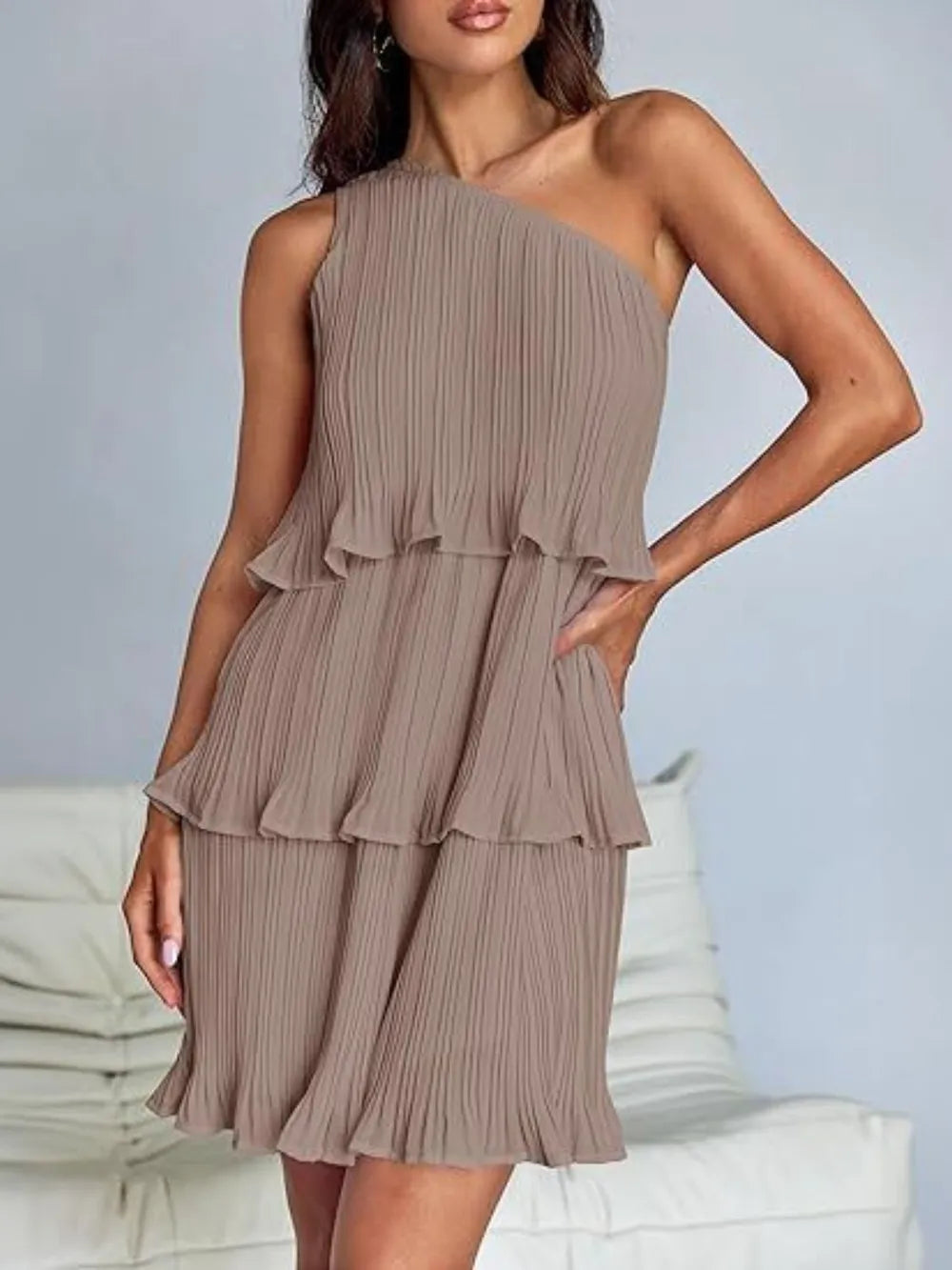 Layered Single Shoulder Mini Dress Mocha