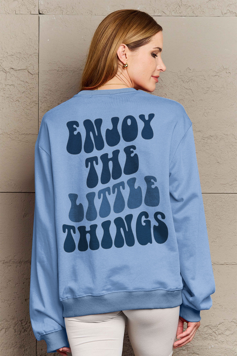 Simply Love Full Size ENJOY THE LITTLE THINGS Round Neck Sweatshirt Light Blue
